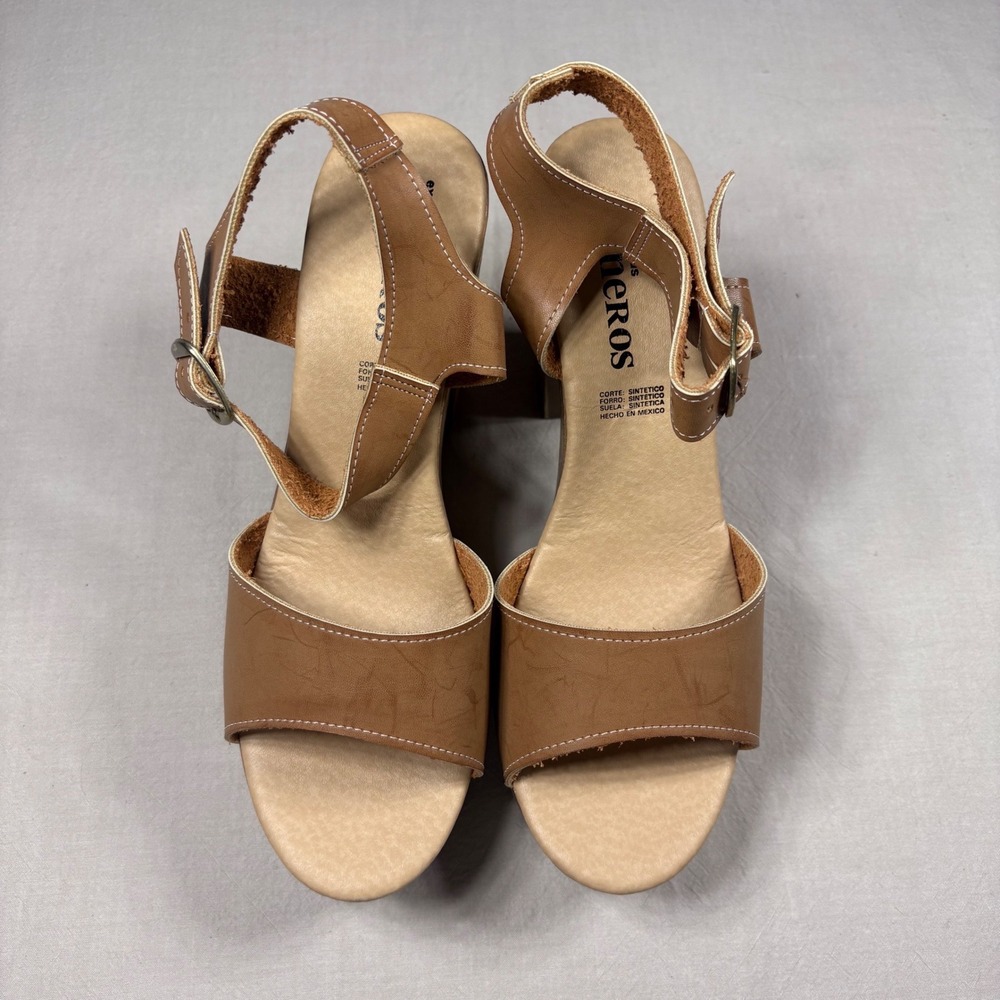 Eros Women Tan Faux‎ Leather Platform Block Heel Sandals Wood Grain Retro